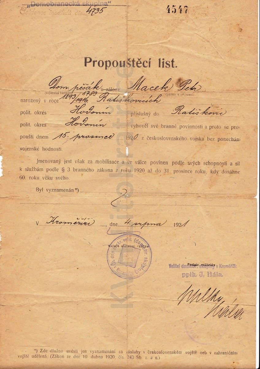 (A) propouštěcí list 1921, domobranecká skupina v Kroměříži